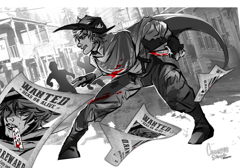 Puede incluir: Una ilustraci&oacute;n digital en blanco y negro de un personaje con sombrero de vaquero y poncho corriendo por un pueblo. El personaje sostiene un cuchillo peque&ntilde;o. Varios carteles de se busca con el texto WANTED DEAD OR ALIVE est&aacute;n esparcidos.