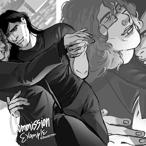 Puede incluir: Una ilustraci&oacute;n digital en blanco y negro que muestra a dos figuras en un abrazo, una con cabello rizado y otra con cabello oscuro lacio. El texto Commission Example @kannorean es visible en la esquina inferior izquierda.