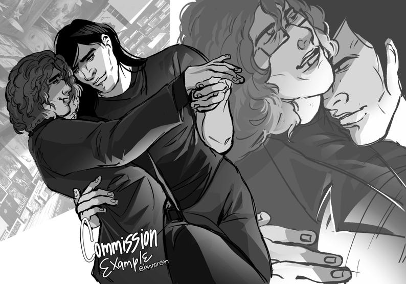Puede incluir: Una ilustraci&oacute;n digital en blanco y negro que muestra a dos figuras en un abrazo, una con cabello rizado y otra con cabello oscuro lacio. El texto Commission Example @kannorean es visible en la esquina inferior izquierda.