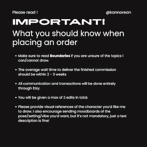 Puede incluir: Un gr&aacute;fico informativo negro con texto blanco titulado IMPORTANT! What you should know when placing an order. Enumera pautas que incluyen leer los l&iacute;mites, un tiempo de espera de 2-3 semanas, comunicaci&oacute;n por Etsy y 3 ediciones.