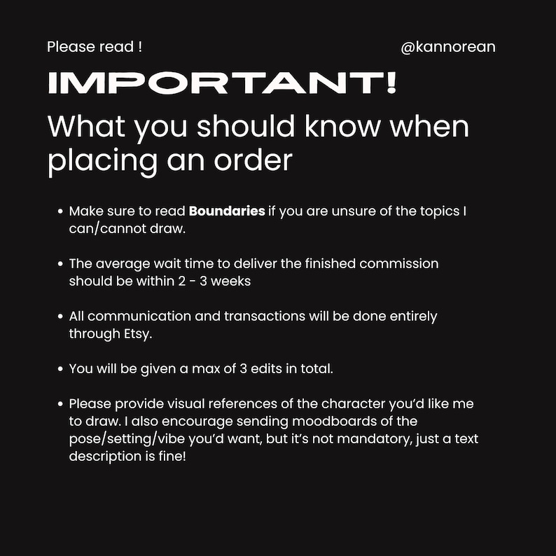 Puede incluir: Un gr&aacute;fico informativo negro con texto blanco titulado IMPORTANT! What you should know when placing an order. Enumera pautas que incluyen leer los l&iacute;mites, un tiempo de espera de 2-3 semanas, comunicaci&oacute;n por Etsy y 3 ediciones.