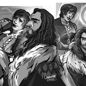Puede incluir: Una ilustraci&oacute;n digital en blanco y negro que muestra a dos figuras de cabello largo y ondulado con prendas ribeteadas en piel. Una figura bebe de una taza mientras la otra se sienta cerca. El texto Commission Example es visible abajo.
