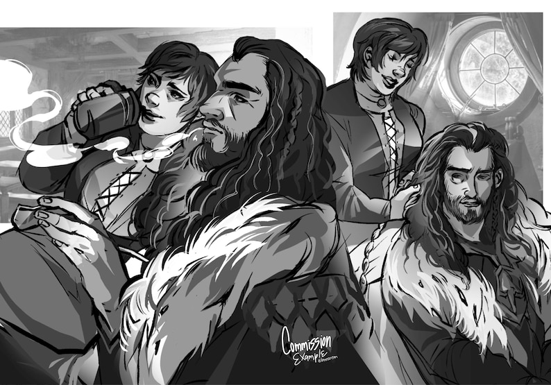 Puede incluir: Una ilustraci&oacute;n digital en blanco y negro que muestra a dos figuras de cabello largo y ondulado con prendas ribeteadas en piel. Una figura bebe de una taza mientras la otra se sienta cerca. El texto Commission Example es visible abajo.