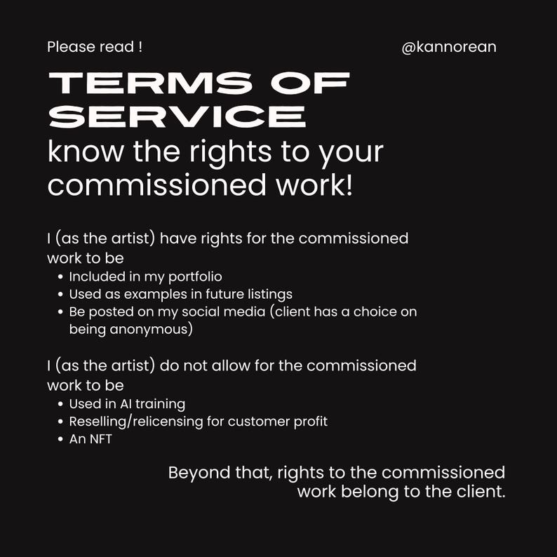 Puede incluir: Un gr&aacute;fico negro con texto blanco titulado TERMS OF SERVICE por @kannorean. Describe los derechos del artista para incluir trabajos en portafolios, redes sociales y listados, mientras proh&iacute;be el entrenamiento de IA, la reventa y los NFT.
