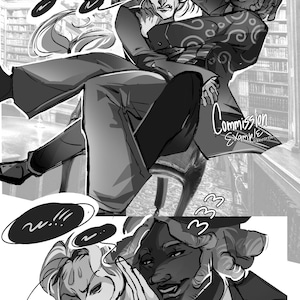 Puede incluir: Una ilustraci&oacute;n digital en blanco y negro con dos personajes en una biblioteca. Un personaje de pelo largo es sostenido por otro que lleva un sombrero de copa y un abrigo estampado. El texto Commission Example es visible.