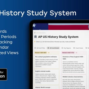 May include: A digital AP US History Study System interface on a tablet. The screen displays study materials, including flashcards, historical periods, and a study calendar. The text reads "AP US History Study System" and "Made for Notion."