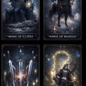 May include: A set of eight tarot cards with dark, gothic illustrations. Each card features a figure in a mystical setting, with titles like "Ace of Cups" and "King of Swords" displayed at the bottom. The artwork is detailed with a celestial and ethereal theme.