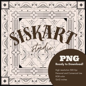 Puede incluir: Un diseño digital cuadrado con un patrón floral y geométrico detallado en crema y negro. El texto "SISKART studio" se muestra en una fuente marrón estilizada. Un círculo marrón contiene el texto "PNG Ready to Download!" y detalles del producto.