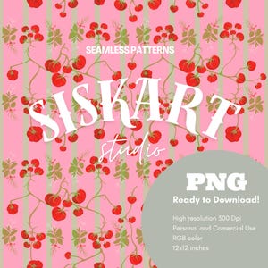 Puede incluir: Diseño de patrón sin costuras con tomates rojos sobre vides contra un fondo de rayas rosas y verdes. El diseño incluye el texto "SISKART studio" y "SEAMLESS PATTERNS". La imagen es un archivo PNG, listo para descargar, con una resolución de 300 ppp y mide 30,48 cm x 30,48 cm.