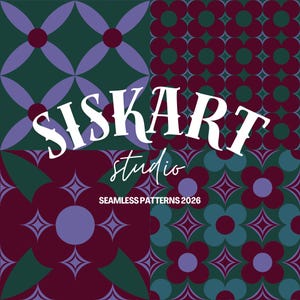 Puede incluir: Imagen creada digitalmente con cuatro patrones sin costuras distintos. Los patrones muestran diseños florales y geométricos en tonos morado, burdeos, verde azulado y verde. El texto "SISKART studio" y "SEAMLESS PATTERNS 2026" está superpuesto en blanco.