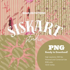Puede incluir: Patrones digitales sin costuras en rosa, coral y verde oliva. Los patrones presentan diseños de peces, corales y flores. La imagen incluye el texto "SISKART studio" y "PNG Ready to Download!" con detalles del archivo.