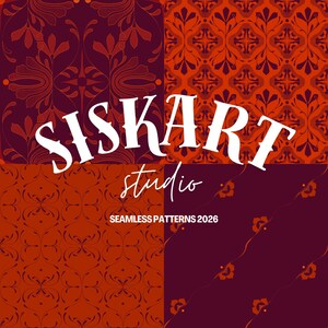 Puede incluir: Imagen cuadrada dividida en cuatro secciones, cada una con un patrón sin costuras diferente en tonos naranja y burdeos. El texto blanco dice "SISKART studio" y "SEAMLESS PATTERNS 2026".