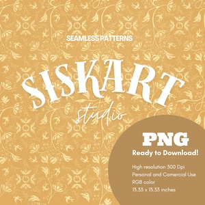 Puede incluir: Un diseño de patrón sin costuras con fondo amarillo mostaza y un motivo repetitivo de flores y pájaros en crema claro. El texto dice SEAMLESS PATTERNS, SISKART studio, PNG, Ready to Download!, High resolution 300 Dpi, 33,86 x 33,86 cm.