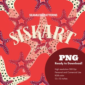 Puede incluir: Un patrón continuo con estrellas de mar rojas y rosa oscuro sobre un fondo coral. El texto dice SEAMLESS PATTERNS, SISKART studio, PNG Ready to Download!, High resolution 300 Dpi, Personal and Comercial Use, RGB color, 30,48 x 30,48 cm.