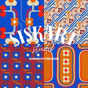 Puede incluir: Un collage vibrante de cuatro patrones sin costuras. Los patrones presentan diseños florales y geométricos audaces en una paleta de azul, naranja, rojo y crema. El texto "SISKARI studio" y "SEAMLESS PATTERNS 2026" está superpuesto.