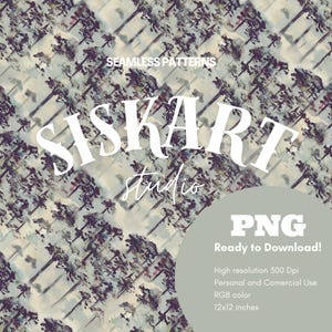 Puede incluir: Patrón digital sin costuras con un diseño de estilo acuarela con árboles en tonos grises, morados y blancos. La imagen incluye el texto "SISKART studio" y "PNG Ready to Download!". El patrón mide 30,48 x 30,48 cm.