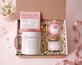 Caja de regalo para la abuela, taza, té, vela, bomba de baño, set de autocuidado.