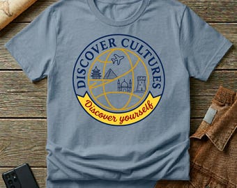 Camiseta "Descubre Culturas", camiseta gráfica con insignia de viaje vintage