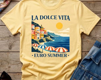 Camiseta gráfica de verano La Dolce Vita Euro, camisa de viaje a la costa de Amalfi