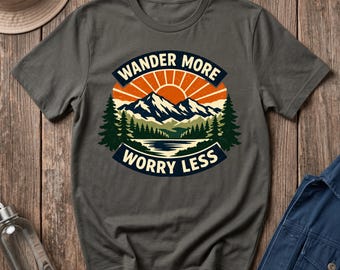 Camiseta gráfica de montaña Wander More Worry Less, camiseta de aventura vintage