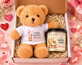 Caja de regalo de cumpleaños personalizada, juego de velas con forma de osito de peluche, recuerdo de celebración con nombre personalizado