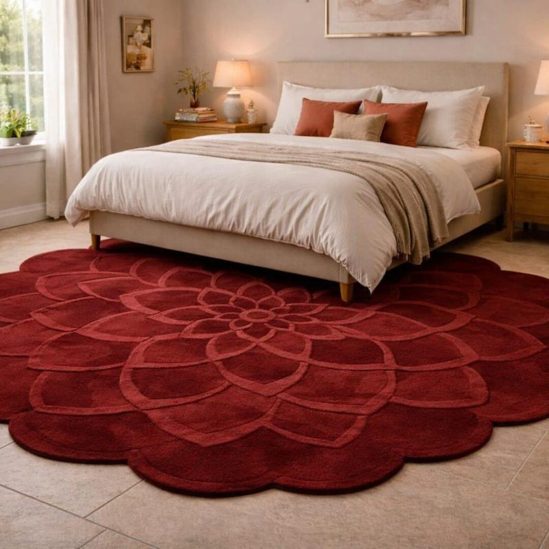 Hand Tufted Red Floral Rug, Lotus Flower Area Rug, Modern Bedroom Ruge ...