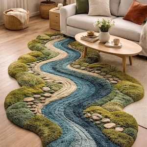 Puede incluir: Una alfombra de forma irregular con un diseño texturizado que imita un río sinuoso con fibras azules y verde azulado, rodeado de parches verdes tupidos similares al musgo y acentos de piedras claras sobre un suelo de madera clara.