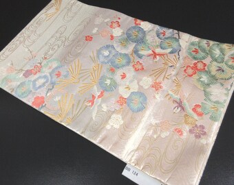 Y321 ヴィンテージ シルク 着物 帯 袋帯 黒 赤 金 銀 ラメ 刺繍 / 丸 