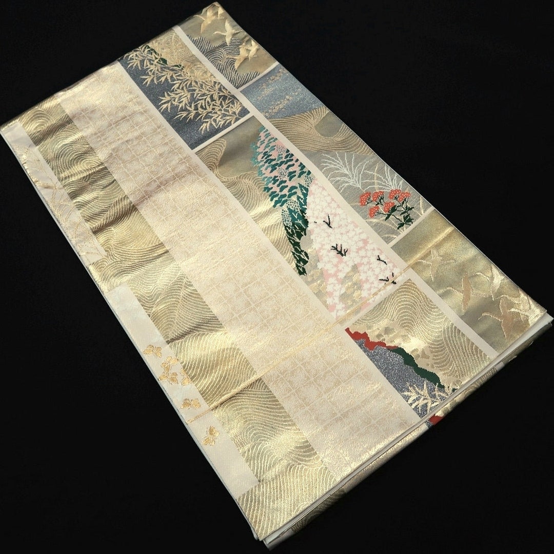 花鳥95 Fukuro Obi Gold White Crane Birds Butterfly Sakura Silk