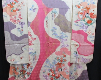Furisode White Pink Peony Plum blossom Tall Silk #7835L2