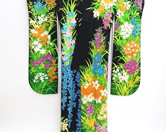 Furisode Black Hand Painted Hyakka Tall Silk #9694J4 - Etsy