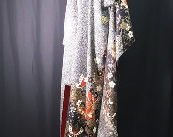 Furisode Black Gold White Butterfly Sakura Tall Silk #8775A2