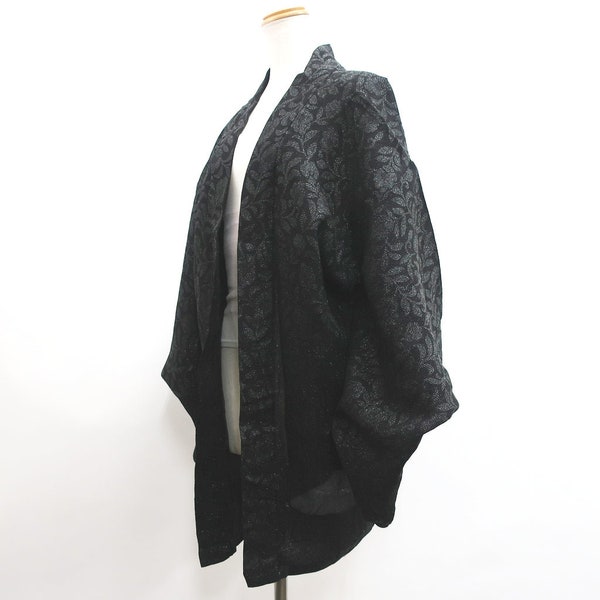 Haori Jacket Vintage(1950-1980) Black Silver See-Through Leaves Silk #9204E2