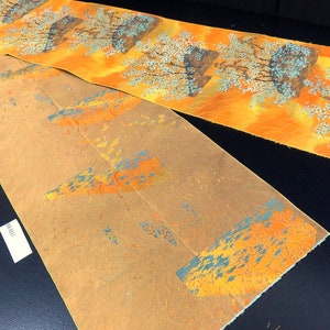 BB8221AA Silk Obi Fabric Vintage(1950-1980) Bamboo Matsu Orange 83.9x11.8in(213x30cm)