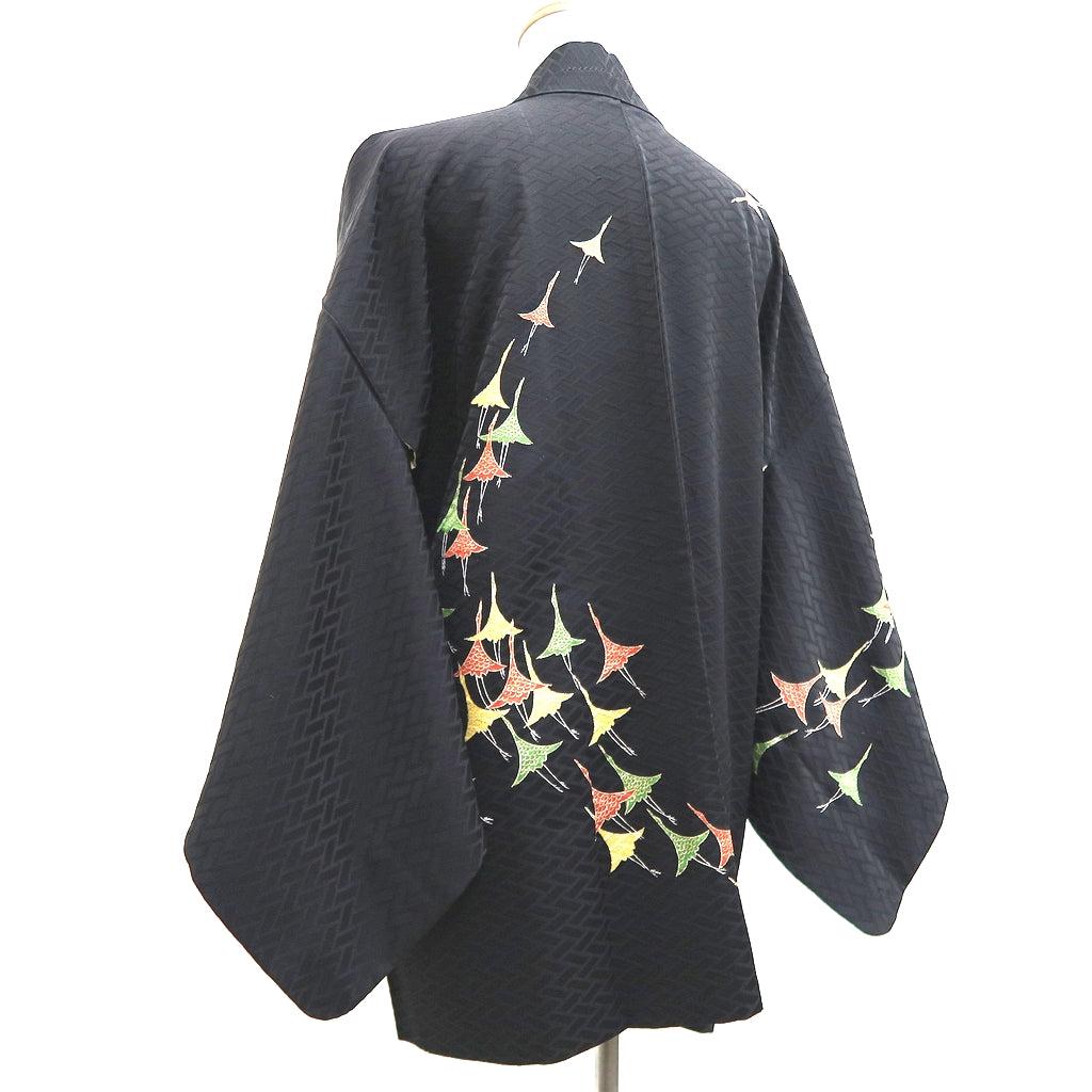 Haori Jacket Vintage1950-1980 Black Crane Birds Silk 9836B1