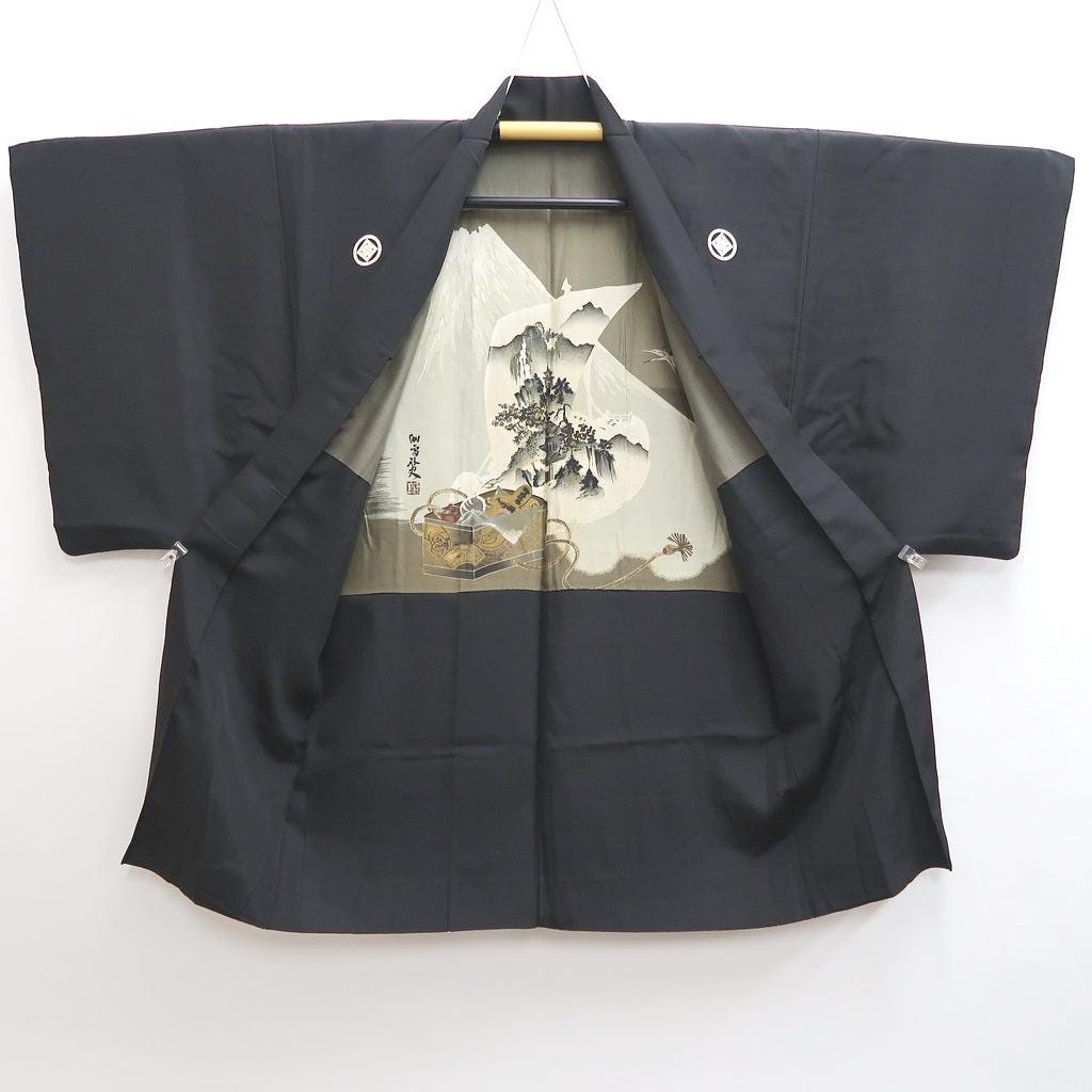 Japanese Vintage Haori Black Kimono 正絹 Vintage Japanese Kimono Haori Jacket Silk Black Pine-tree