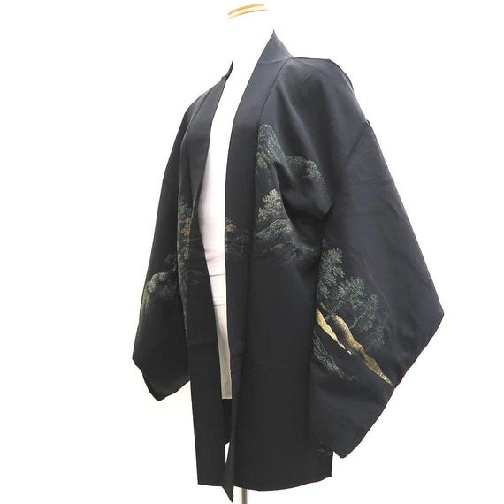 Haori Jacket Vintage(1950-1980) Black Tree Mountain Landscape Silk