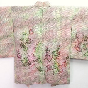 Haori Jacket Vintage(1950-1980) Green Pink Full Shibori Plum blossom Silk #8332C4