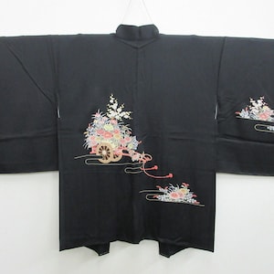 Haori Jacket Vintage(1950-1980) Black Fully Embroidered Ume Kiku Silk #7773K4