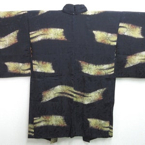 Haori Jacket Vintage(1920-1950) Black Pine Tree Chrysanthemum Rinzu Silk #7599H4