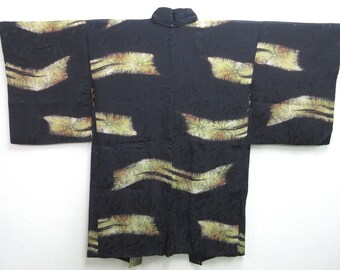 Haori Jacket Vintage(1920-1950) Black Pine Tree Chrysanthemum Rinzu Silk #7599H4