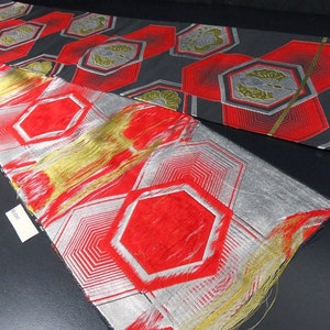 BB8247AA Silk Obi Fabric Vintage(1950-1980) Flower Black Red 100.0x11.8in(254x30cm)