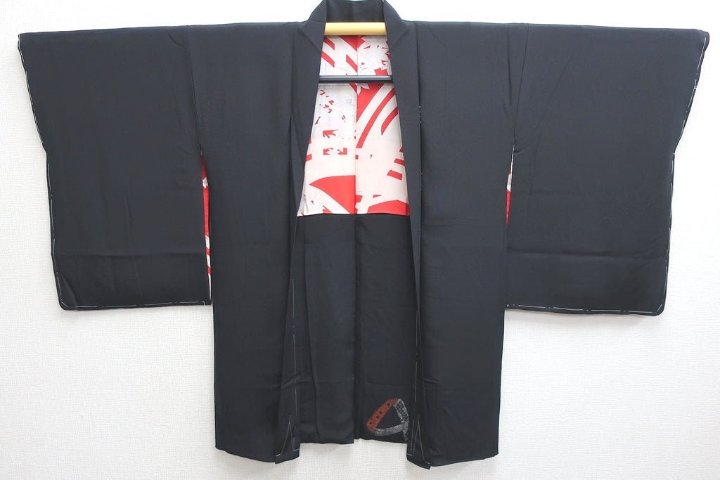 Japanese Vintage Haori Black Kimono 正絹 Silk HAORI Black with Himo Women Japanese vintage Kimono