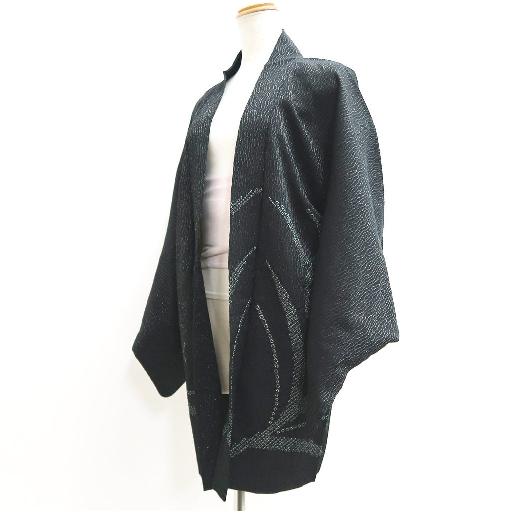 Haori Jacket Vintage(1950-1980) Black Silver Plum blossom Shibori Silk #9434G3