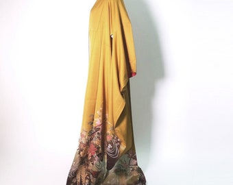 Furisode Yellow brown Ume Peony Wisteria Silk #9105D3