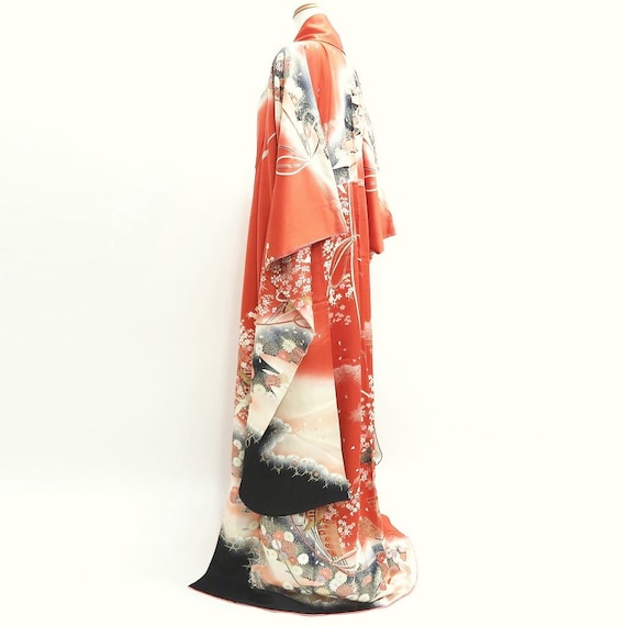 振袖 ヴィンテージ（1950-1980年）淡い赤 鶴 鳥 桜 シルク