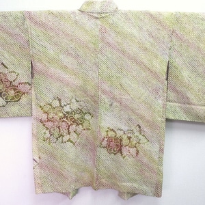 Haori Jacket Vintage(1950-1980) Light Green Pink Full Shibori Peony Silk #8337C4