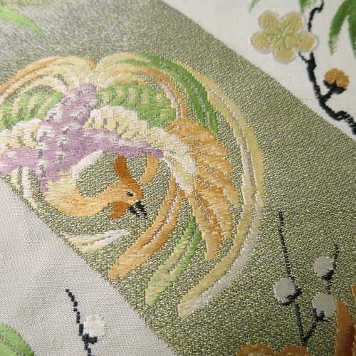 Maru Obi Vintage(1920-1950) Off whilte Gold Green selling Phoenix Plum blossom Chrysanthemum Silk BB49W3