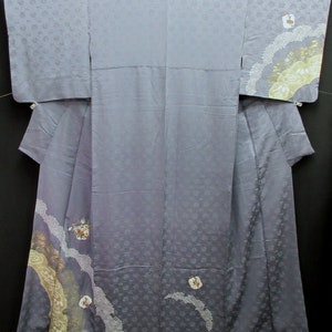 Kimono Blueish Gray Shibori Embroidery Tall Silk #8252B5