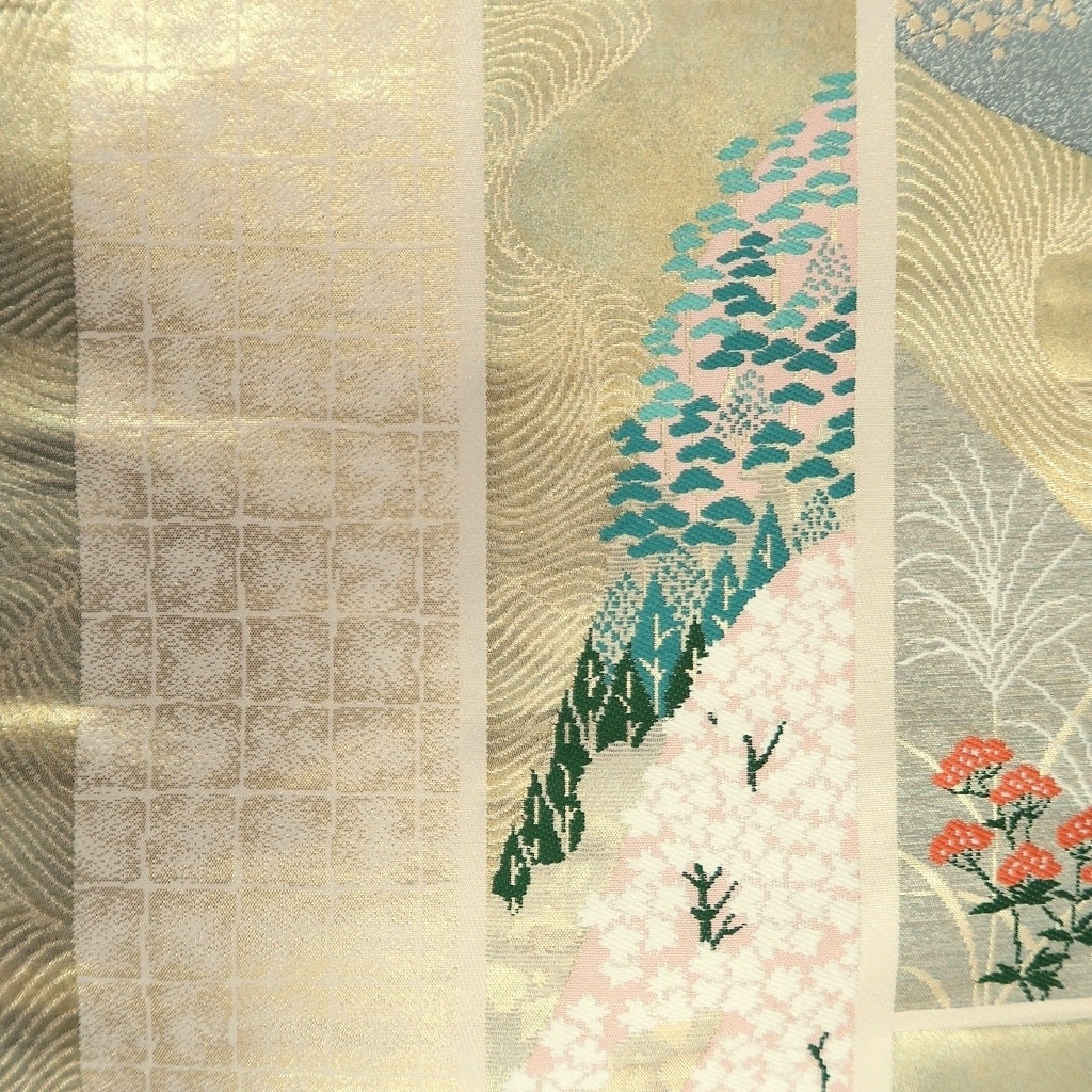 Fukuro Obi Gold White Crane Birds Butterfly Sakura Silk